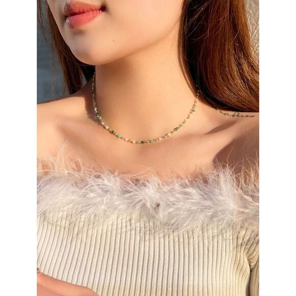 Emerald Green Crystal Gemstone Beaded Necklace Adjstble Chain Choker Gold Collar - Picture 3 of 6